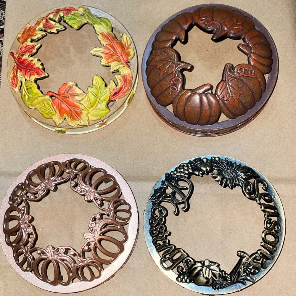 Set of 4 Decorative Fall candle jar lid accessories Leaf Pumpkin Harvest Designs